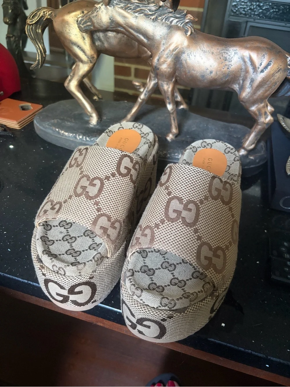 Gucci Brown & Beige Monogram Platform Slides - Picture 2 of 4